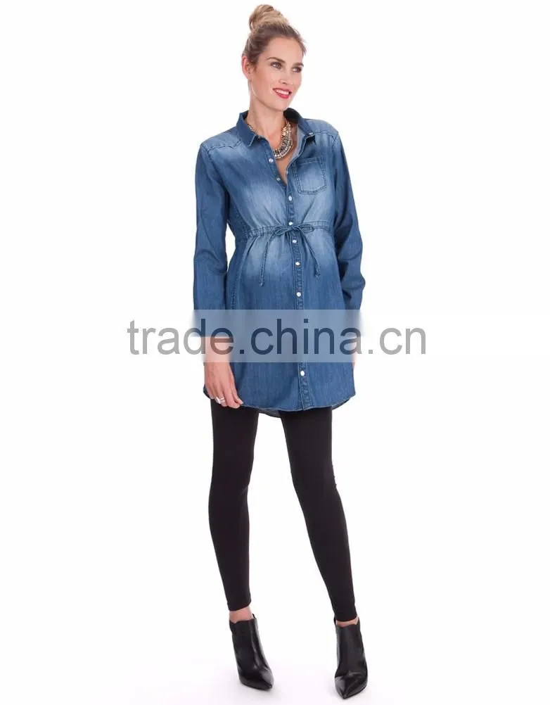 Washed Denim Maternity Support Band Long Shirt Style Dress