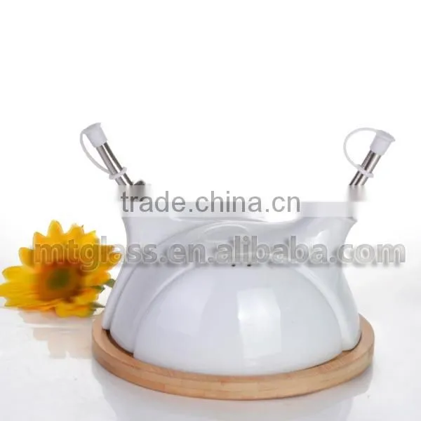 Hot selling white double style ceramic olive oil bottles with wooden holder