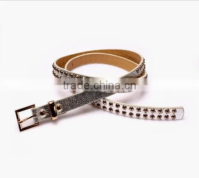 Wholesale double layer rivets decorated square pattern buckle sex women lady thin PU waist belt