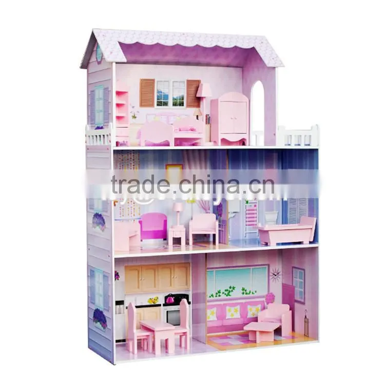 New design luxurious and attractive 34 furniture pieces girls wooden doll house toys W06A217