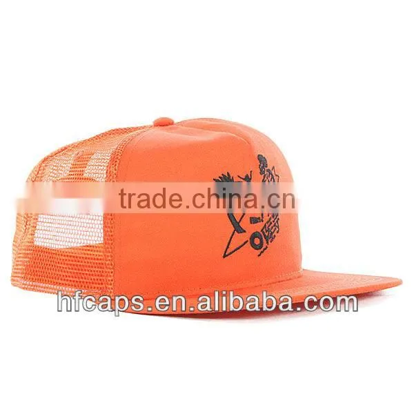 Spring orange custom enbroidery 5 panel trucker mesh cap and hat