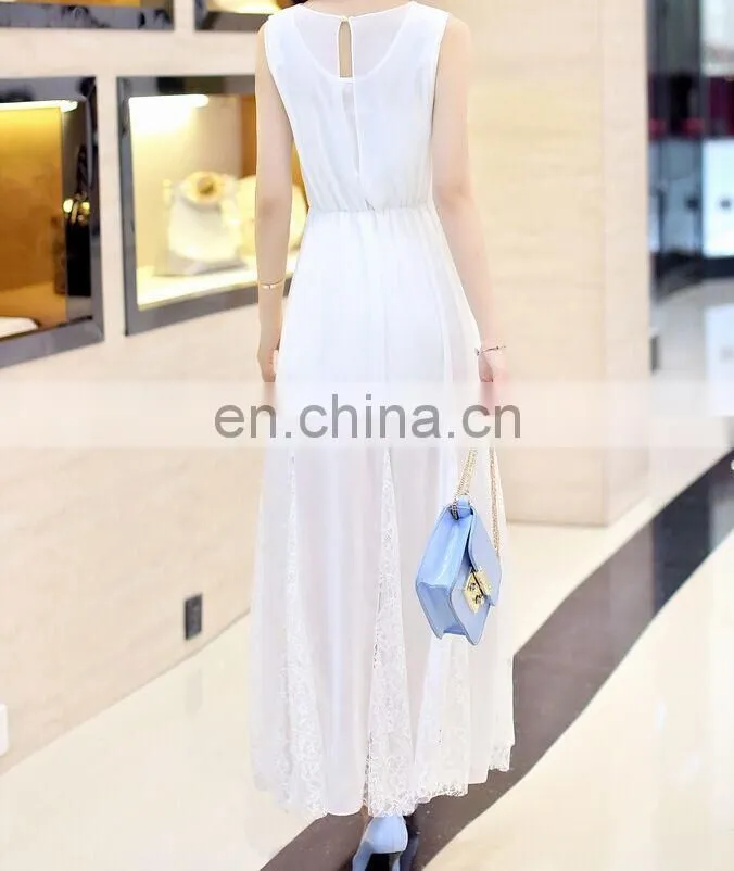 flowery lace stitching chiffon sleeveless long dress black white