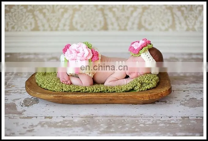 Flowers Baby Girl Crocheted Diaper Cover Nappy Cover and Headband Set, Bloomers, for newborn - 3 months baby accessories
