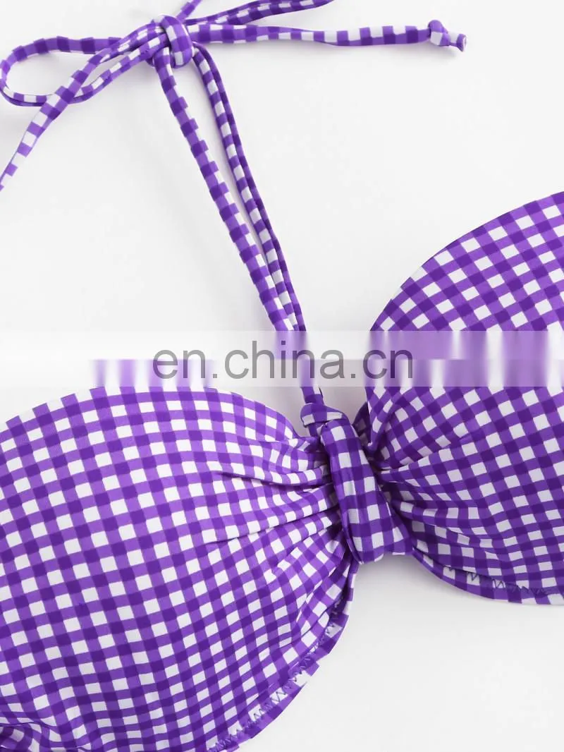 Tie Side Halter Gingham Print Bustier Bikini Set