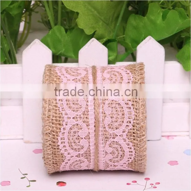 0.06*2M Jute Burlap colourful heart lace roll customized DIY decoration jute roll