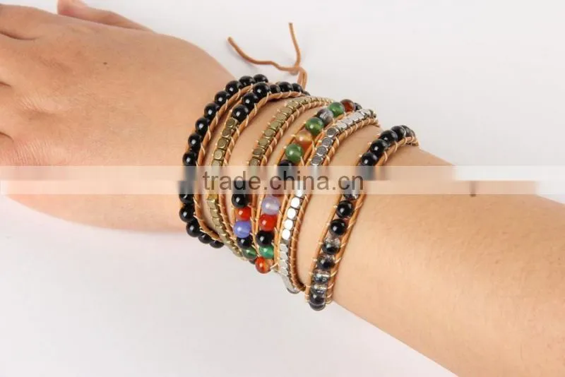 Exclusive Flower Amazonite with Gold Beads 5 Strands Weave Leather Wrap Bracelet Multi Layered Vintage Bracelet