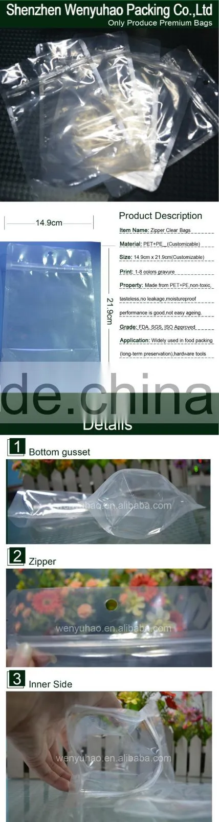 Factory Direct Custom Plastic Clear Transparent Standing Up Wide Usage With Hole And Bottom Gusset Zipper Packing Bags