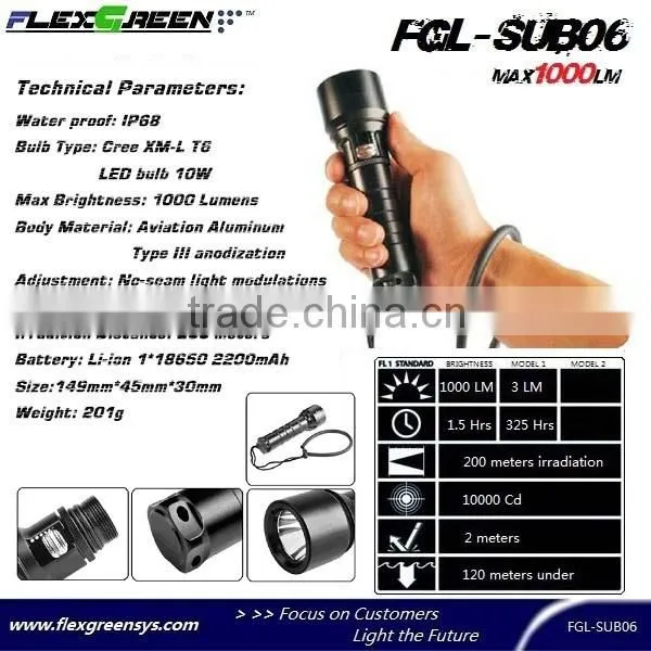 xml T6 high bright rechargeable LED 1000 lumen diving flashlight
