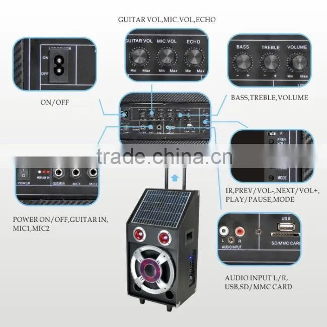 Hoxen patent solar energy trolley speaker with Bluetooth ,wireless MIC, USB,SD,FM Radio,L-72