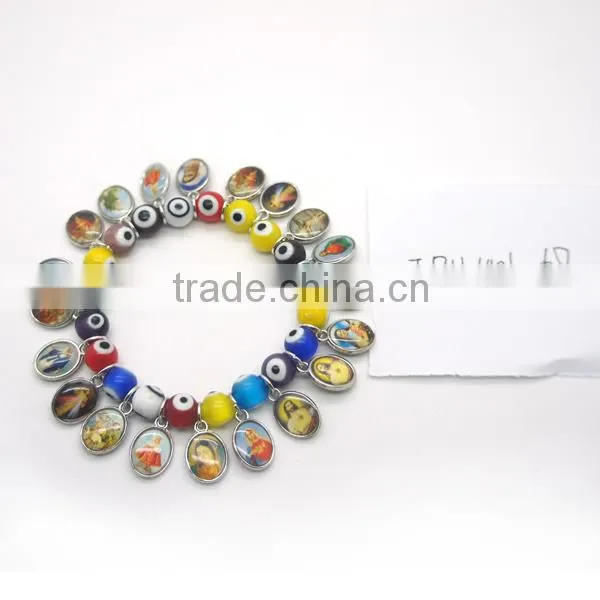 oval coloured glaze evil eye beads and round luminous beads stretch bracelet with rhinestones,elastic beaded bracelet,jewelry