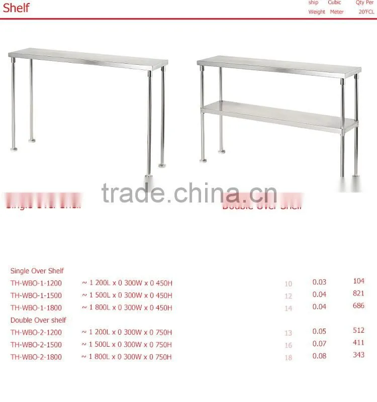 Commercial kitchen stainless steel overshelf of bench