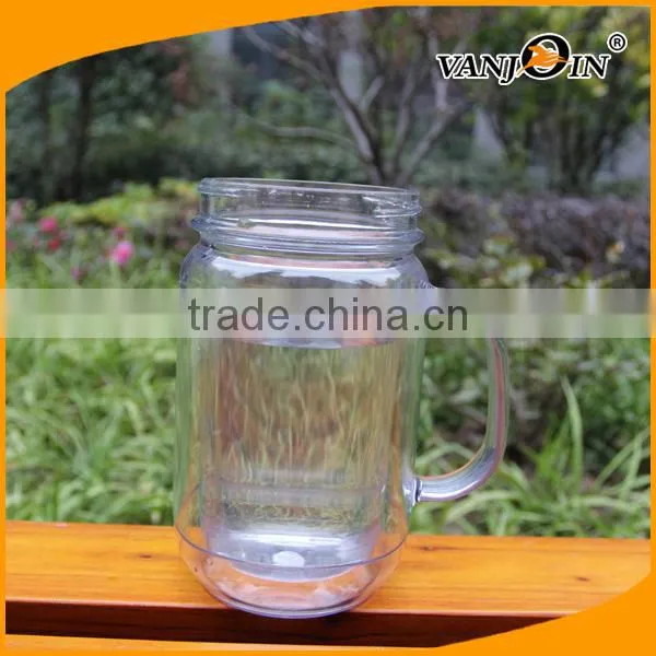 Custom plastic mason jars bottles with straw and handle