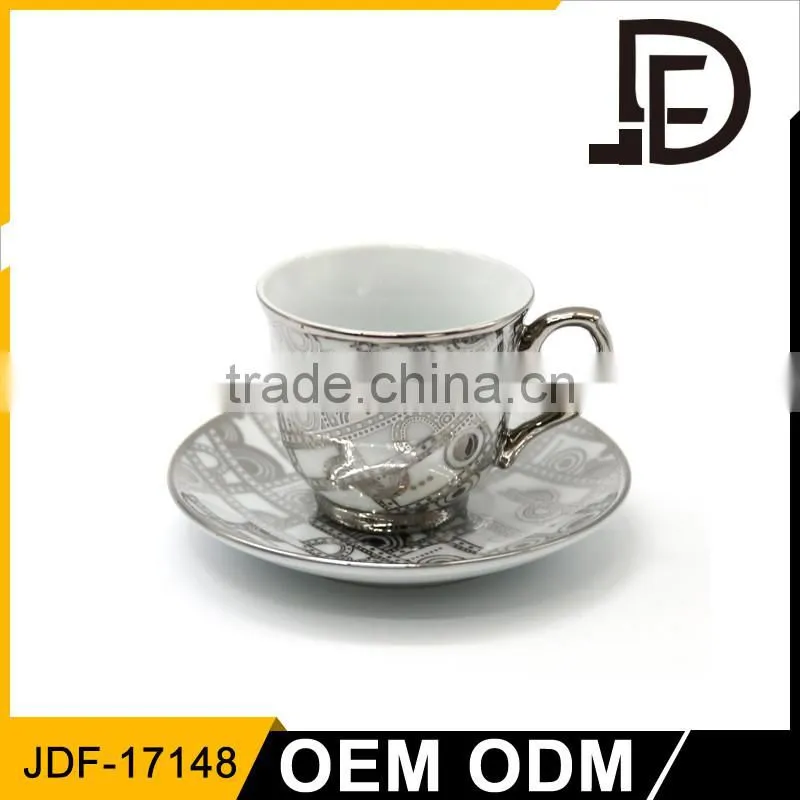 Custom silver printed coffee mug ceramic cup and saucer