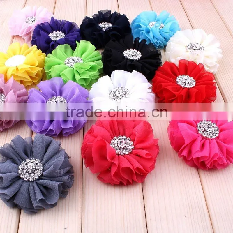 fabric chiffon flower with rhinestone center for kids hair accessories