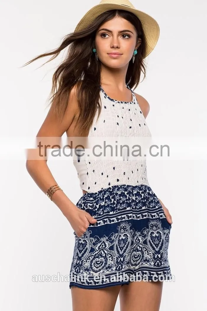 hot sale boho border elegant smocked romper whoelsale