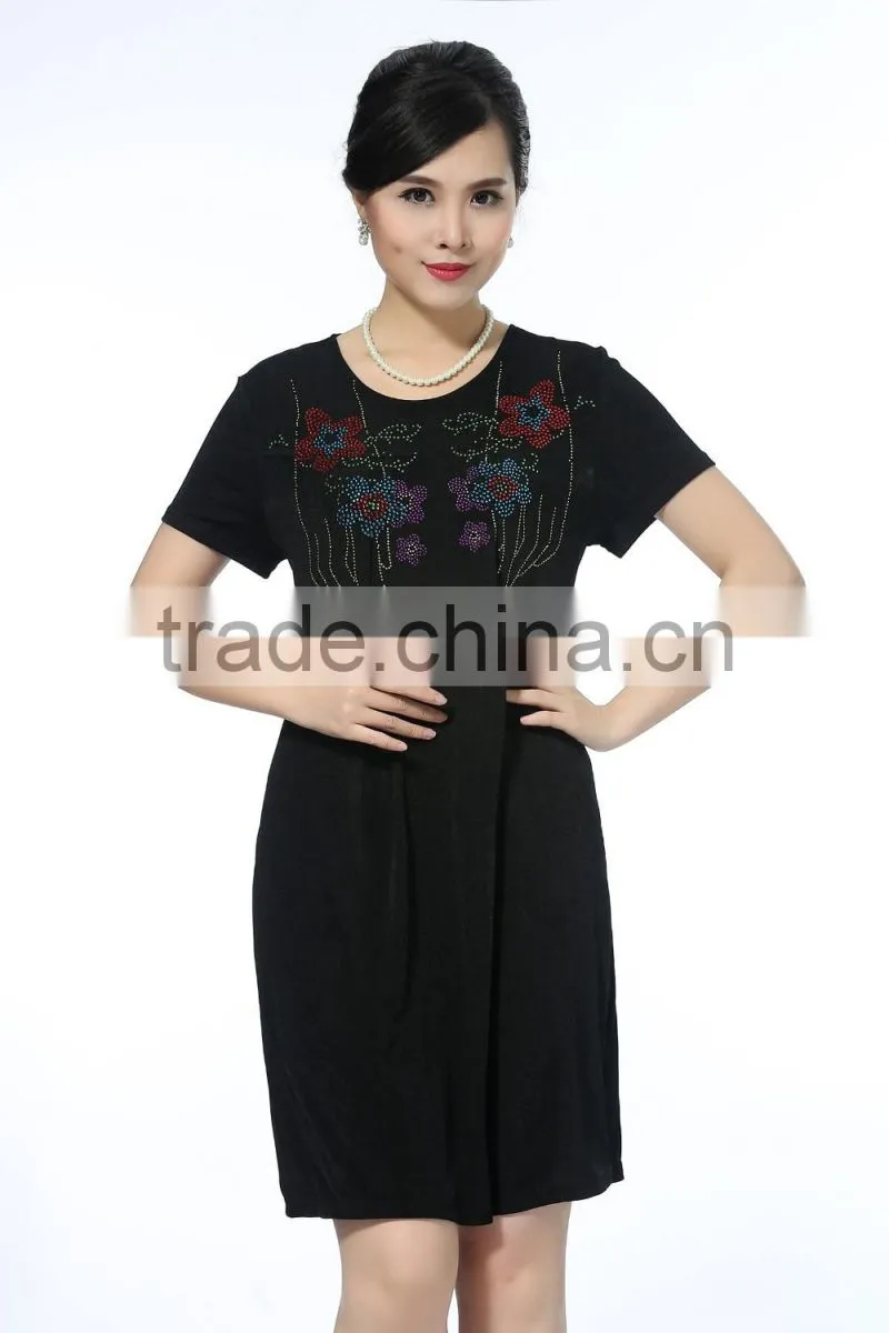 Comfortable short sleeve dresses with flower printed knitted plus size women dresses