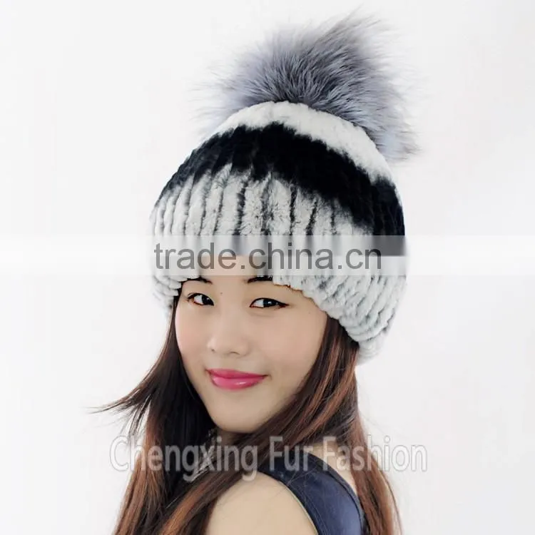 CX-C-02B Genuine Rex Rabbit Fur Knitted Hat