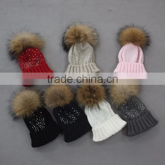 Myfur Baby Pink High Quality Wool Acrylic Knitting Hat and Cap with Raccoon Fur Ball Wholesale