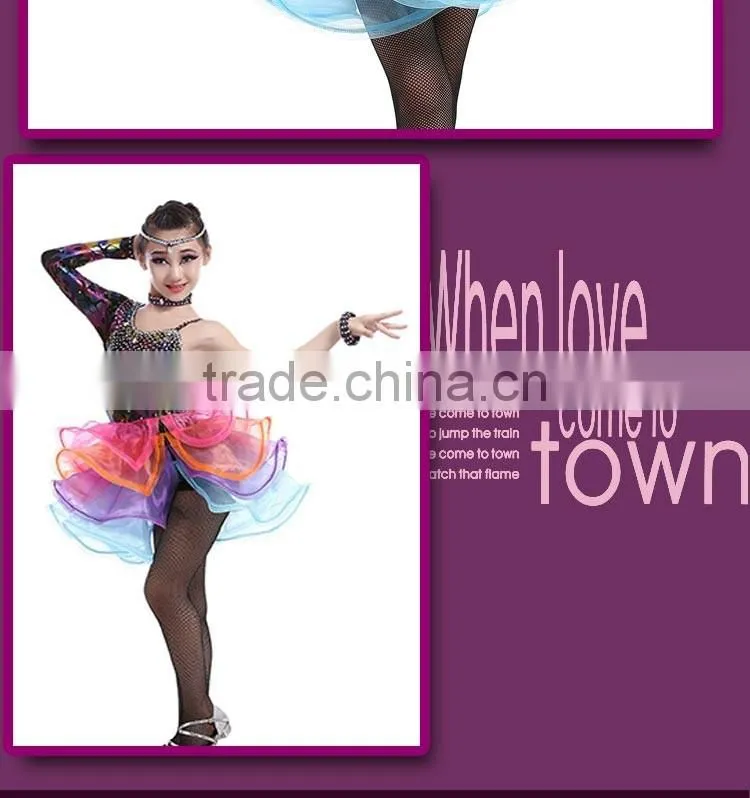 Girls Salsa Latin Performance Dresses Child Unequal Dance Dress Kids Fluorescent Rainbow Colored Ballroom Dresses