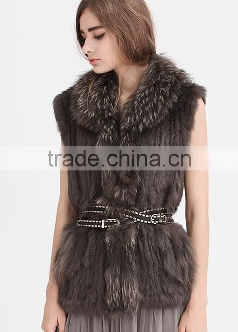 YR644 Women Genuine Rabbit Hand knit with Raccoon Fur Waistcoat Yanran Fur Factory OEM Order Fur Gilet