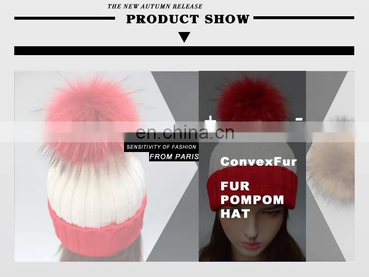 Stock hat fashion winter real big raccoon fur ball knitted beanie hat