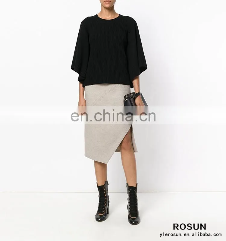 Women crew neck cashmere bat sleeves knitted ribbed top