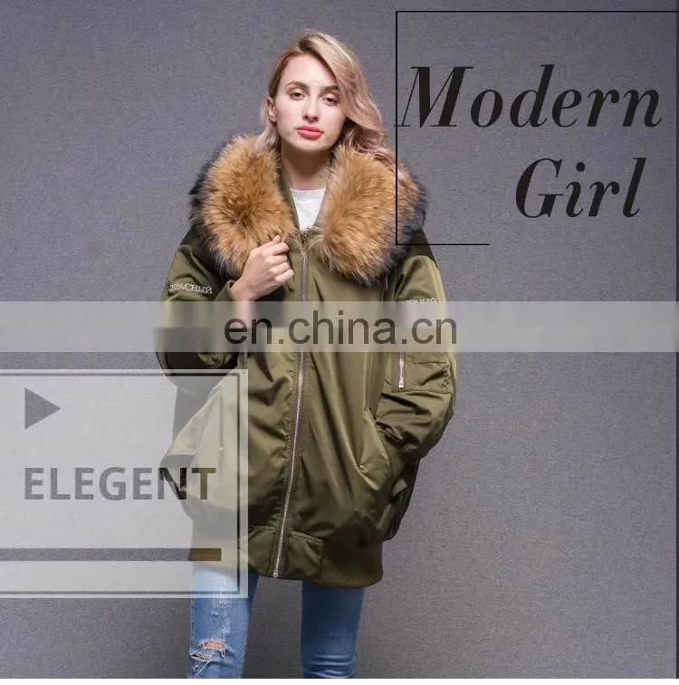 Best warm bomber down jacket with raccoon fur collar