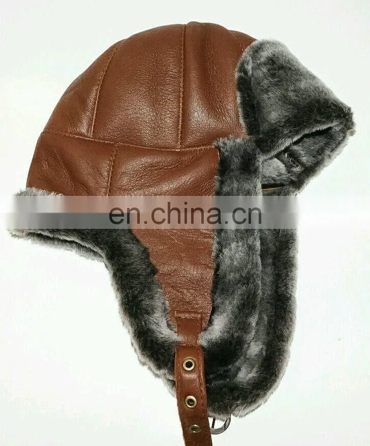 Winter Leather Cap with Earflap Military Cadet Army Flat Top Hat