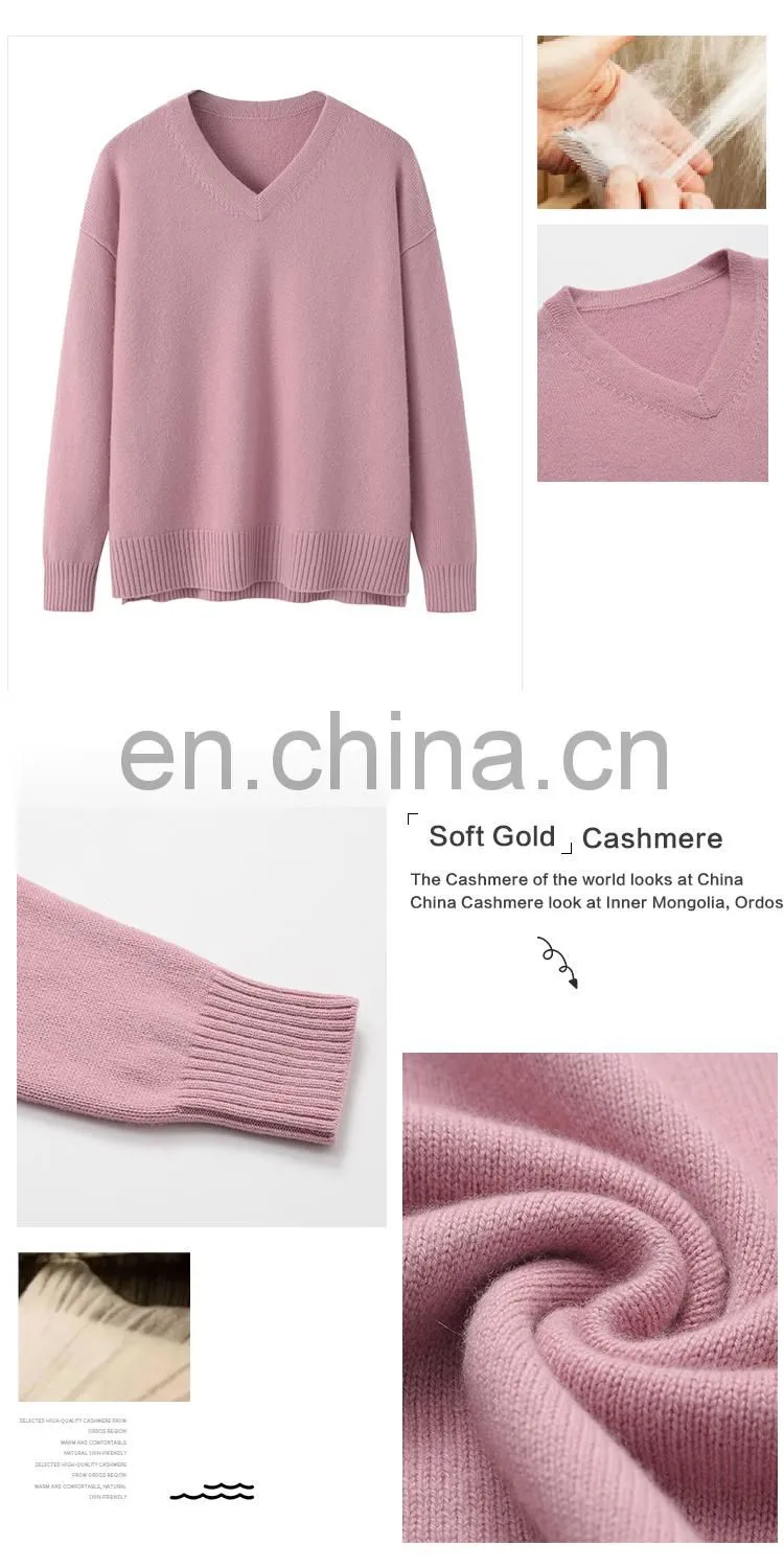 Luxury Women's 100% Cashmere Sweater with V-Neck Long Sleeve Solid Knit Casual Jumper for Autumn/Winter-Plus Size OEM Service