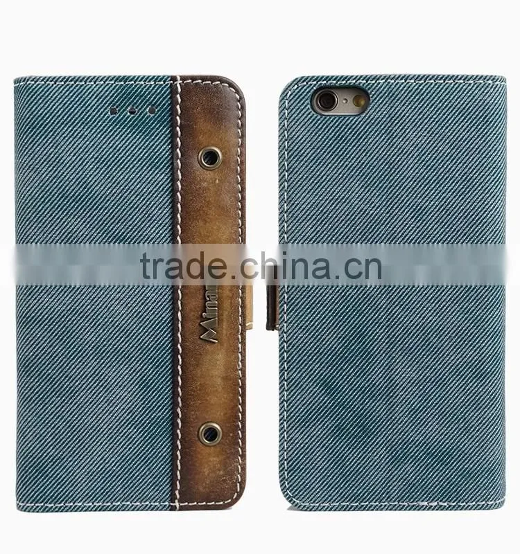 Genuine Leather & Denim Jean Flip Cell Phone Case/Booklet With Card Slots for iPhone 6/6plus for lady/female