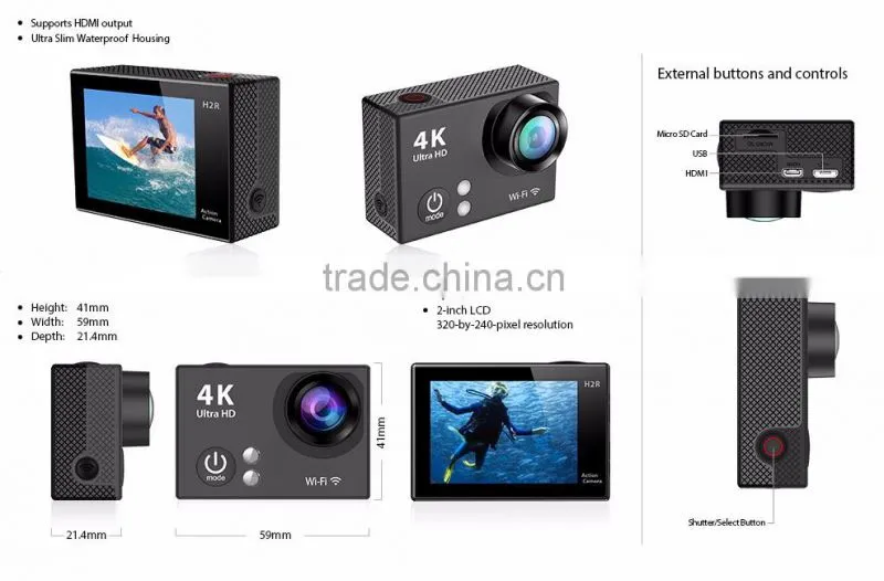 H2R 2016 HOT SALES 4K Ultra HD 170 LENS wifi camera mini Waterproof sport video action camera be unique