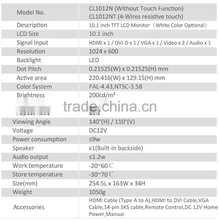 10.1" Contrast 500:1 DVI input Low power consumption TFT LCD Monitor with VGA input