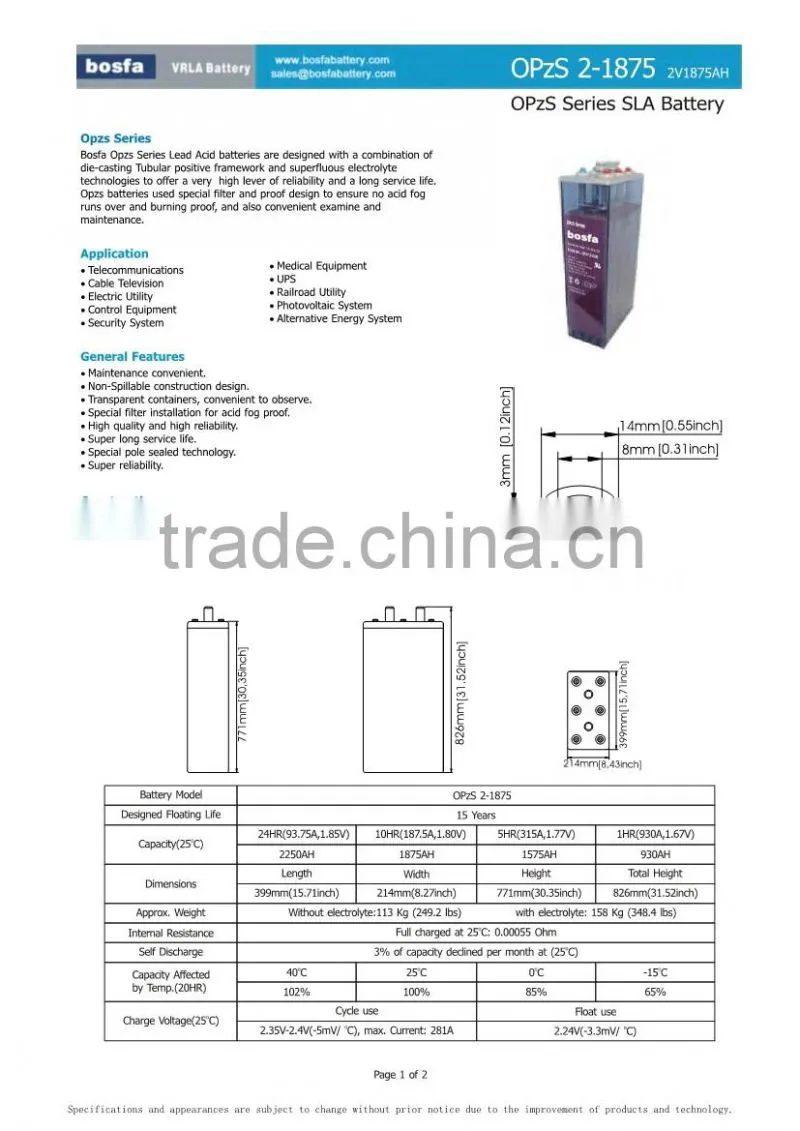 OPzS battery 2v 1875ah 2v1875ah explosion-proof battery 15 year life battery