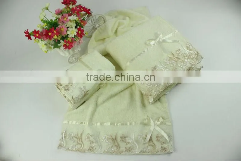 100% cotton fashion solid color high qaulity lace bath towel set