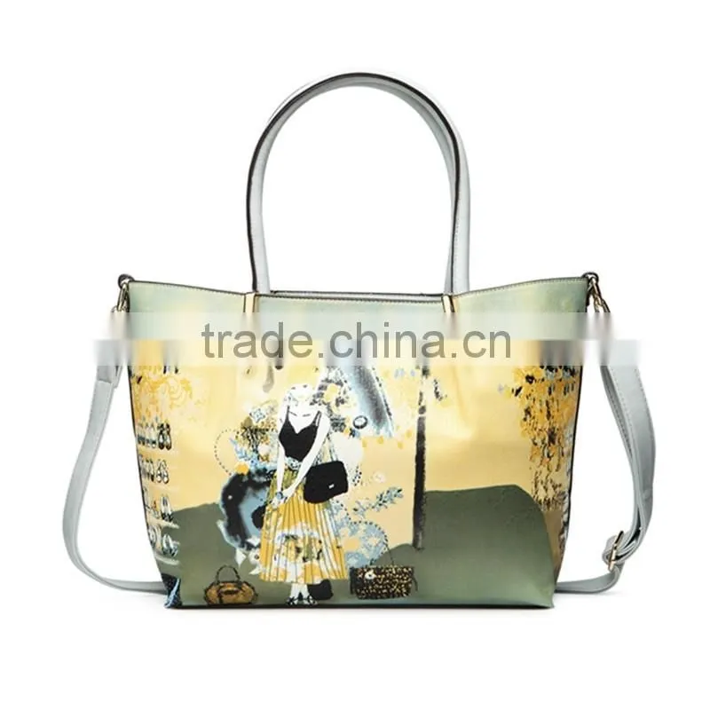 Trendy ladies printed shoulder bags leather handbags with printing pattern