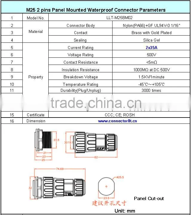 35amp electrical power connector panel mounting waterproof
