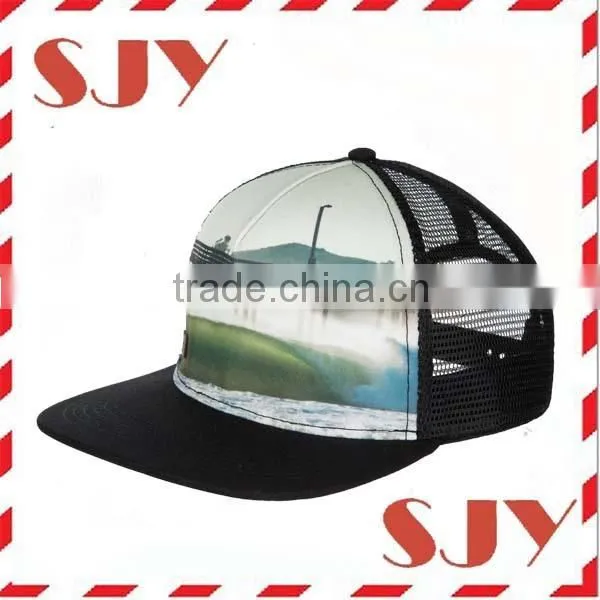100%polyester heat transfer full mesh snapback wide brim tennis hat