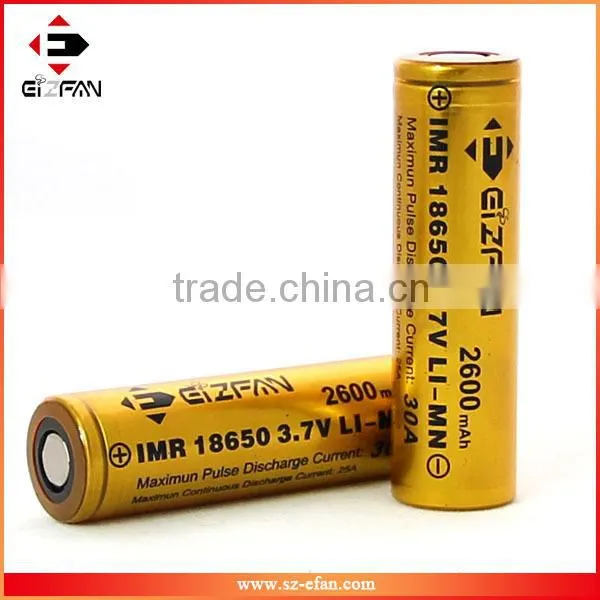New Gold Efan IMR 18650 2600mAh 30A LiMn High Drain Flat for Mod Batteries