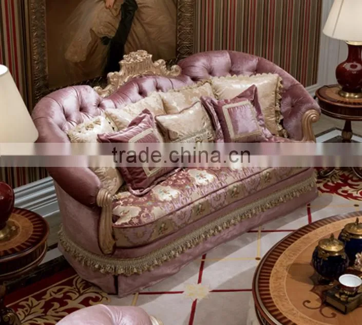 Graceful living room solid wood amaranth color fabirc sofa set