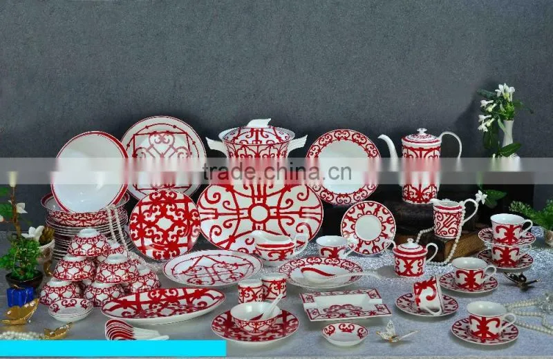 Traditional Chinese paper-cutting design joyous red color bone china dinnerware set