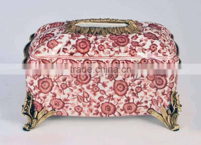 Lovely red plum blossom painting grasshopper shape brass decorative ceramic tissue box
