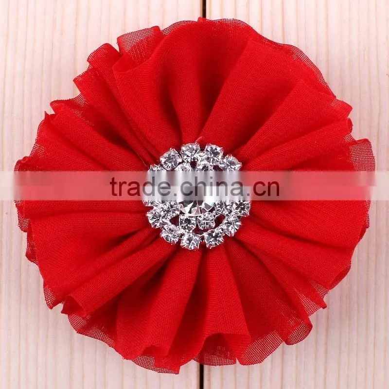fabric chiffon flower with rhinestone center for kids hair accessories