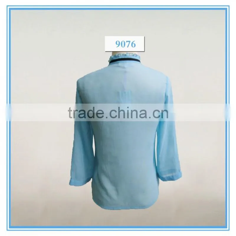 New Model Dri Fit Chiffon Blouse Sky Blue Color Long Sleeve Shirts Wholesale