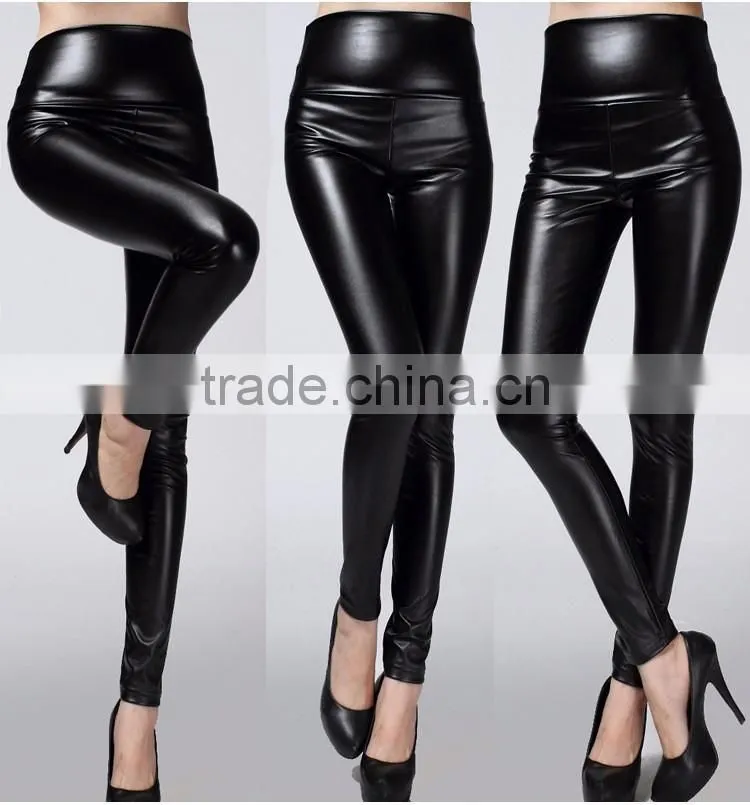wholesale plain womens tight pants/sexy faux leather high waist leggings stretch PU pants laides skinny trousers
