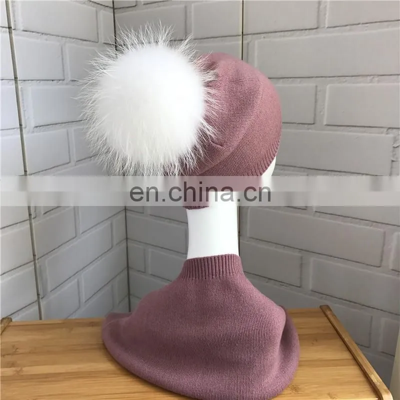 Women Cashmere Knitted Collar Raccoon Fur Pompom Hat Wholesale Hat and Scarf Sets