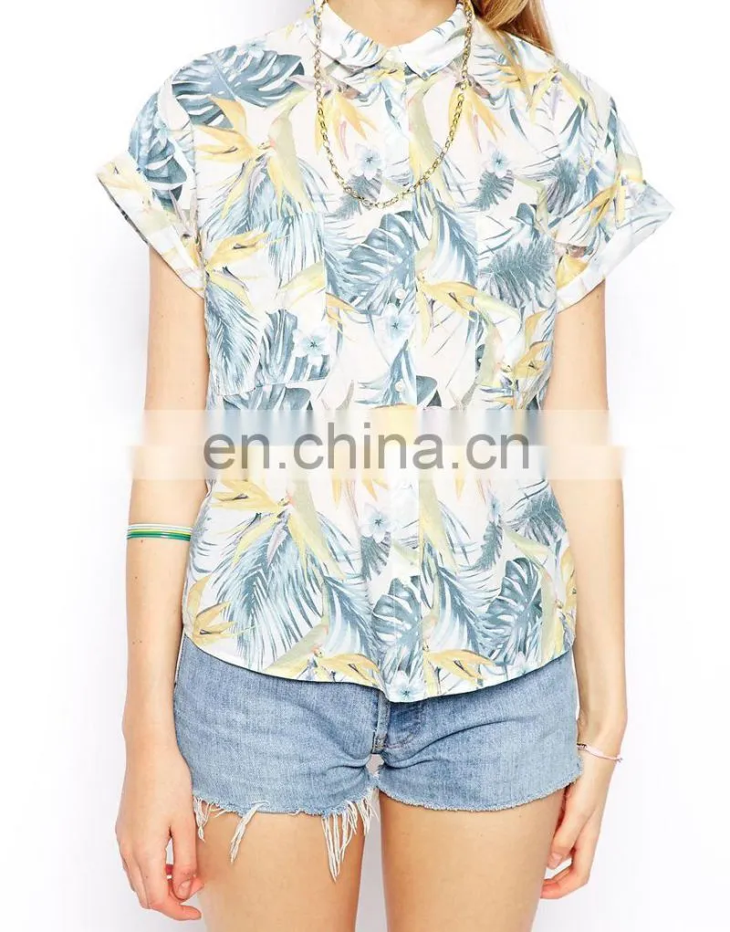 Tropical Boxy Shirt/cotton fabric womens casual shirts/shirt women short sleeve fashion model-cp381