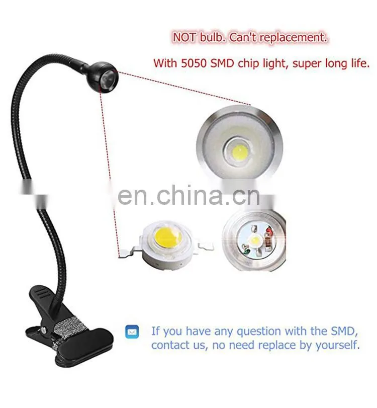 Clip-on table lamp flexible Goose neck adjustable, 1 W eye protection clip light for desk bed computer and music stand