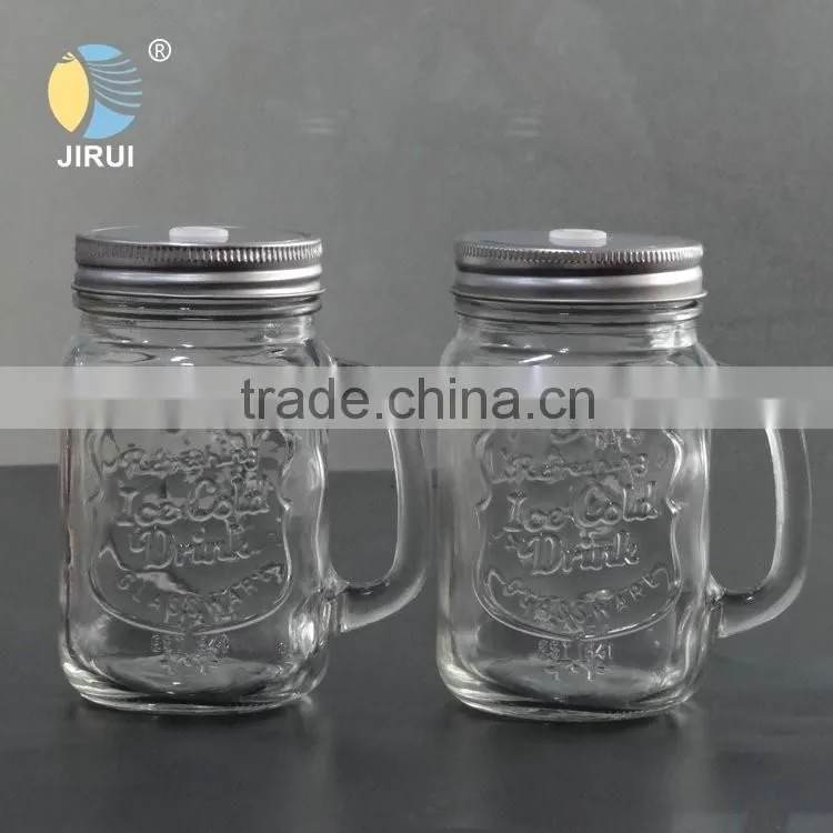 16oz glass mason jar mug with straw and handle and daisy cut cap