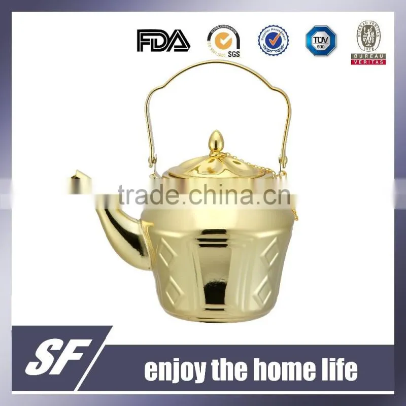 3 Pcs-Set Of Side Handle Arabian Stainless Steel Tea Kettle/Tea Pot Chromium And Gold Plating (SF-7809 SSG)