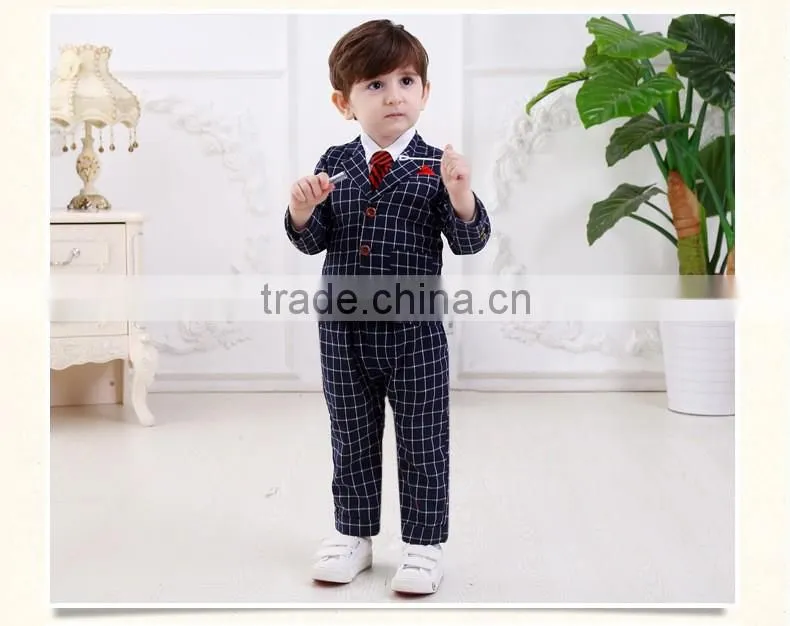 2016 spring and autumn handsome boys clothing set nevy blue plaid style 3 pieces sets baby boy clothes suit